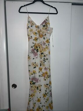 Princess Polly Cream Floral Satin Maxi Slip Dress with Yellow & Pink Blooms
